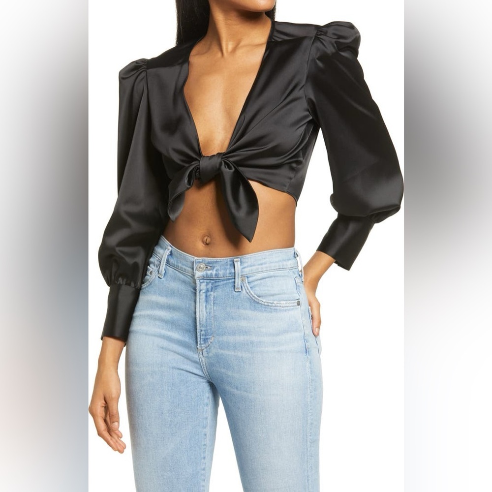 WAYF Black Satin Alcott Long Sleeve Tie Up Knot Crop Top Blouse Size Large